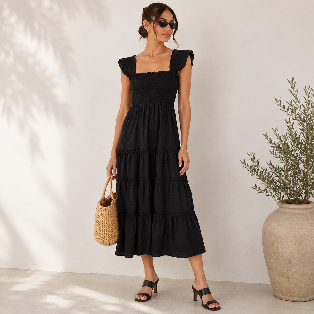 Kourt Calypso Smocked Tiered Midi Dress Small Black Ruffle Swiss Dot Cotton